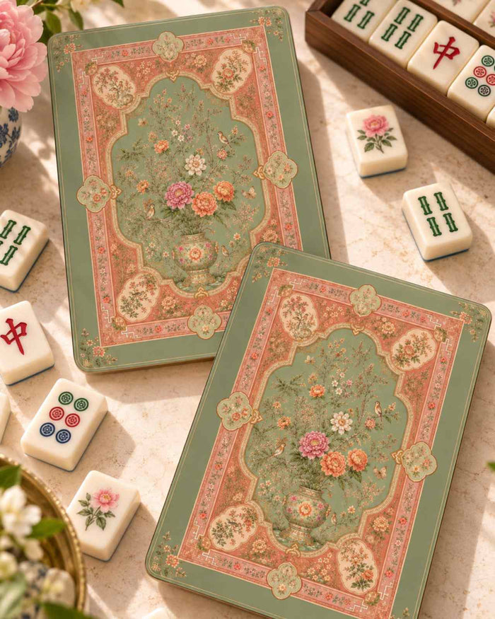 Mahjong shufflers set of 2 with green floral ornate border, rectangular deck boxes