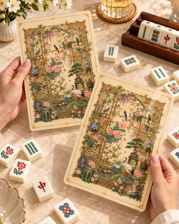 Set of 2 mahjong shuffler tiles with Imperial Conservatory garden floral artwork