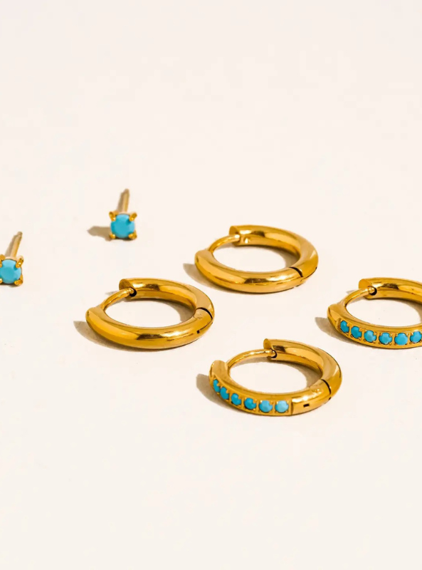 Ivalo 18K Gold Non-Tarnish Turquoise Huggie Earring Set