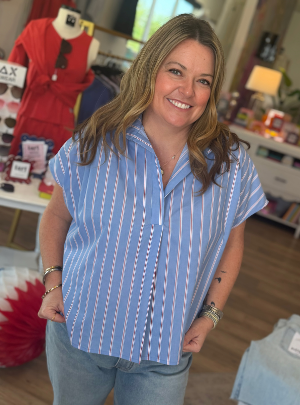 Karlie- "America" Poplin Signature Top- Blue & Red