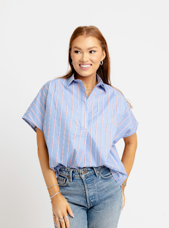 Karlie- "America" Poplin Signature Top- Blue & Red