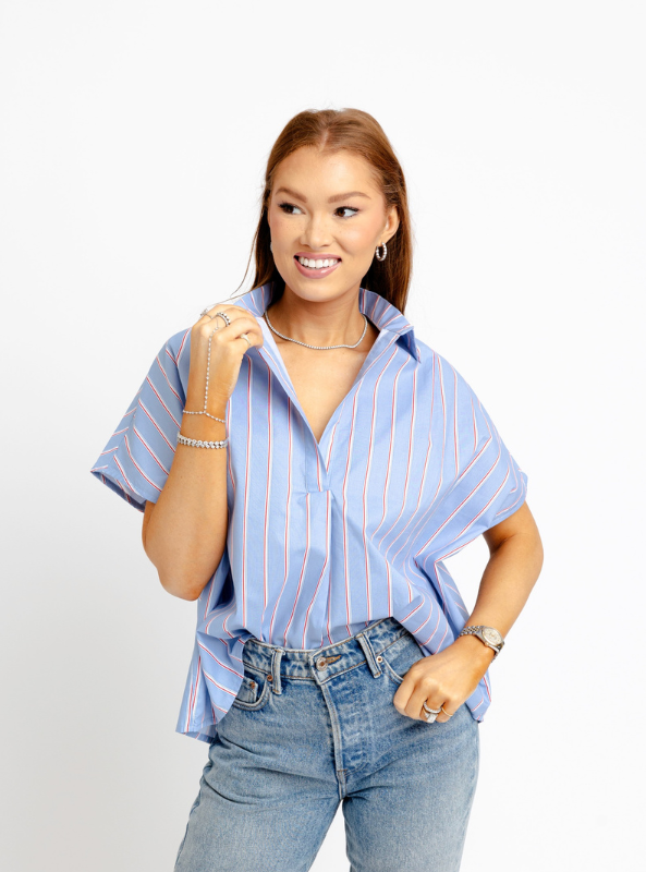 Karlie- "America" Poplin Signature Top- Blue & Red