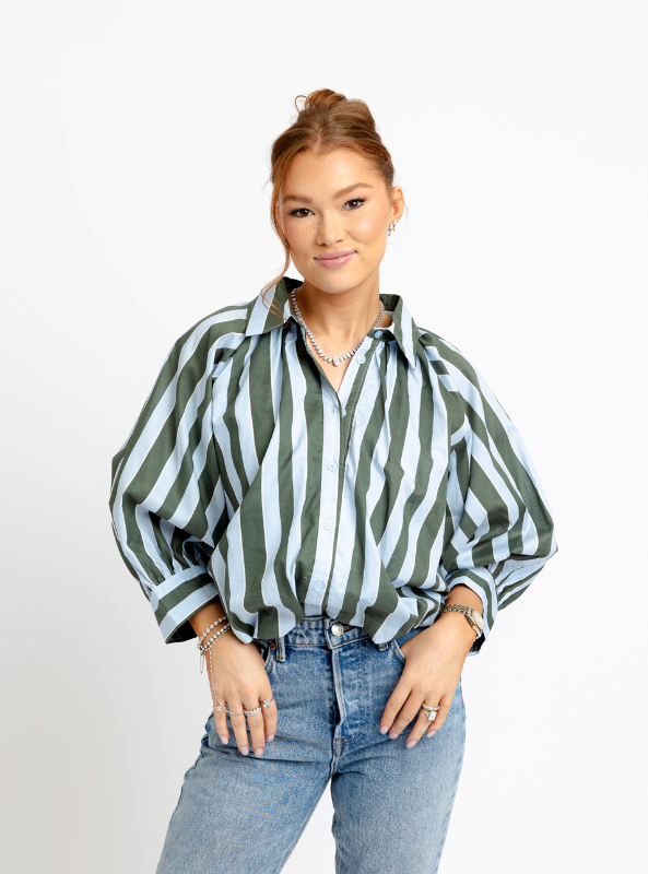 Karlie- Bubble 3/4 Sleeve Top- Blue & Green