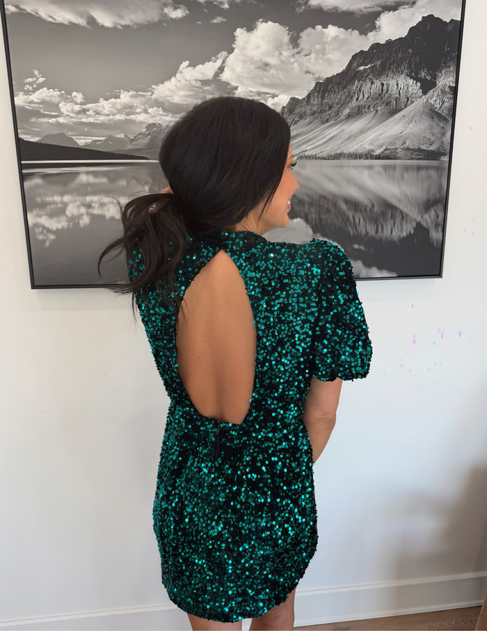 Karlie- Emerald Sequin Open Back Dress