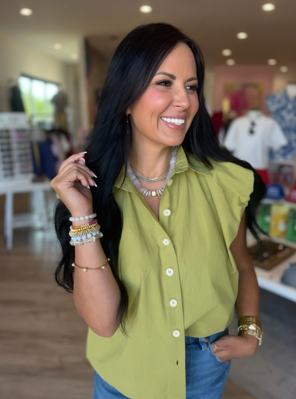 Karlie- Poplin Bubble Sleeve Button Up Top- Citrine