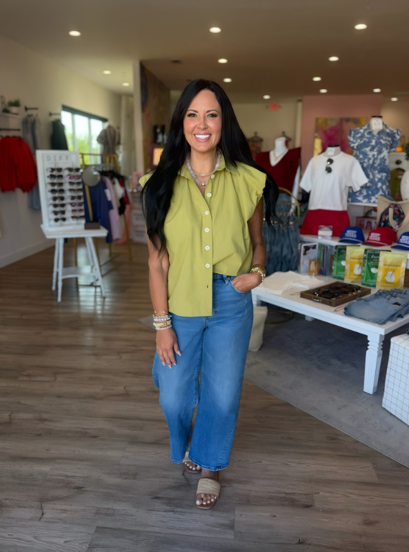 Karlie- Poplin Bubble Sleeve Button Up Top- Citrine