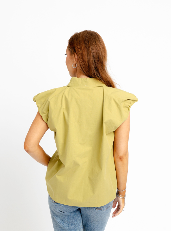 Karlie- Poplin Bubble Sleeve Button Up Top- Citrine