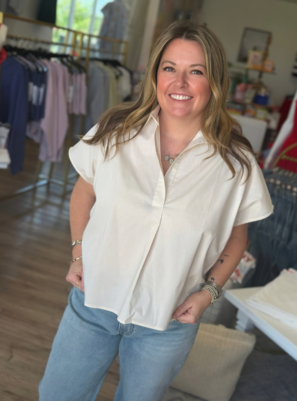Karlie- Poplin Vneck Collar Top- Ivory