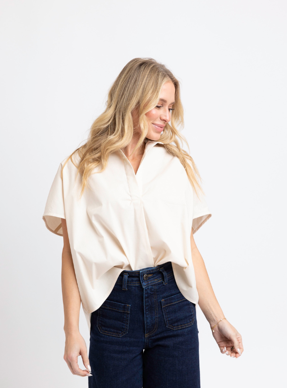 Karlie- Poplin Vneck Collar Top- Ivory