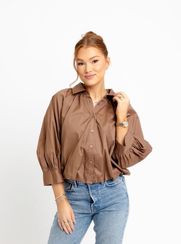 Karlie- Solid Poplin 3/4 Sleeve Bubble Top- Brown