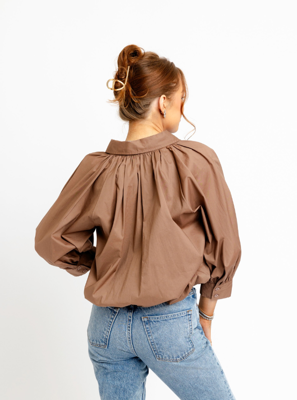 Karlie- Solid Poplin 3/4 Sleeve Bubble Top- Brown
