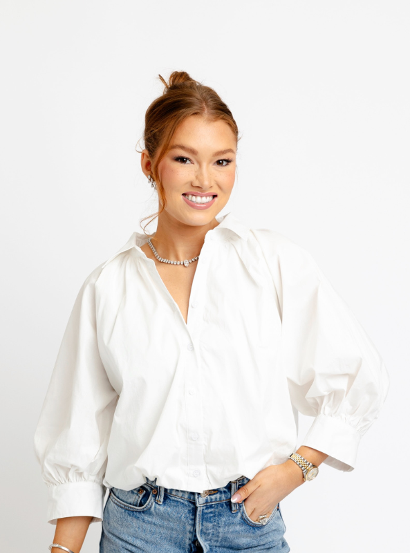 Karlie- Solid Poplin 3/4 Sleeve Bubble Top- White