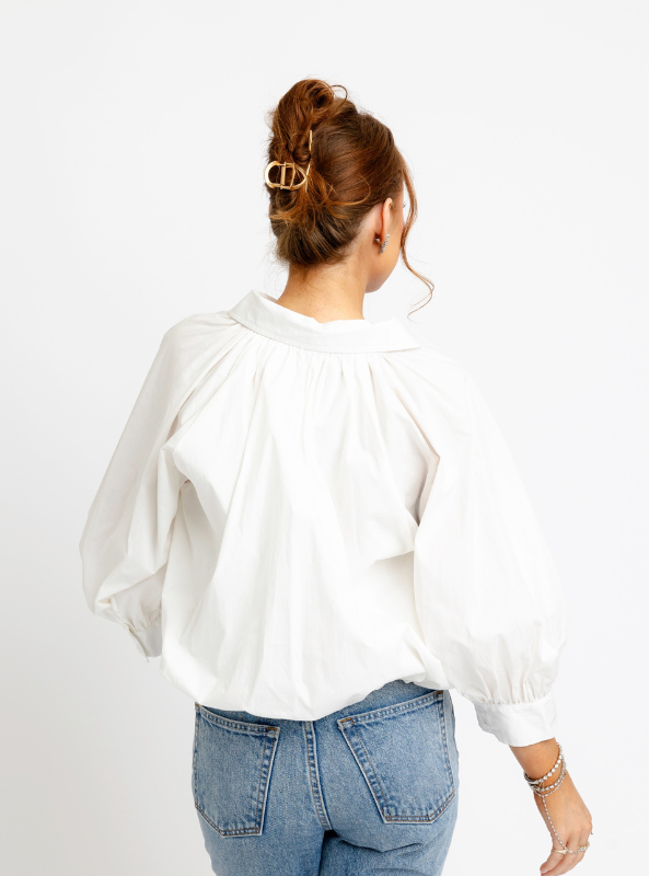 Karlie- Solid Poplin 3/4 Sleeve Bubble Top- White
