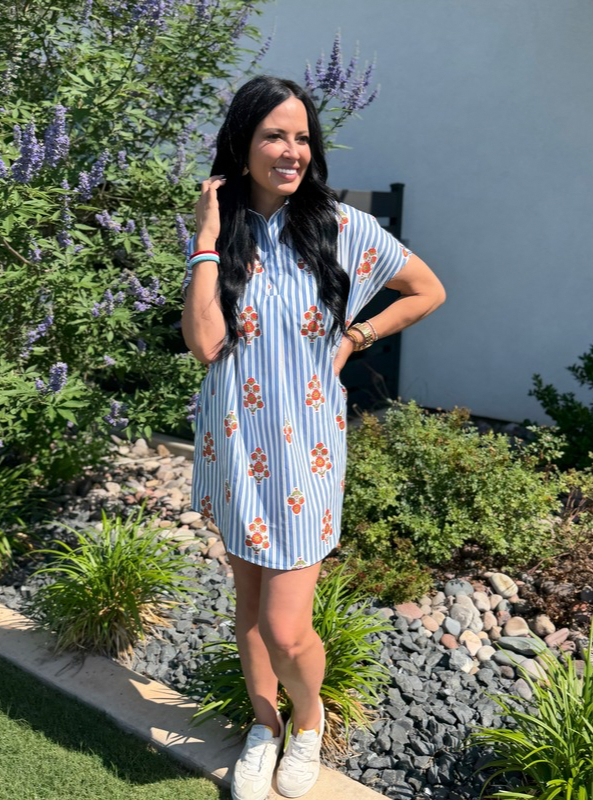 Karlie- Stripe Floral Signature Shirt Dress- Blue