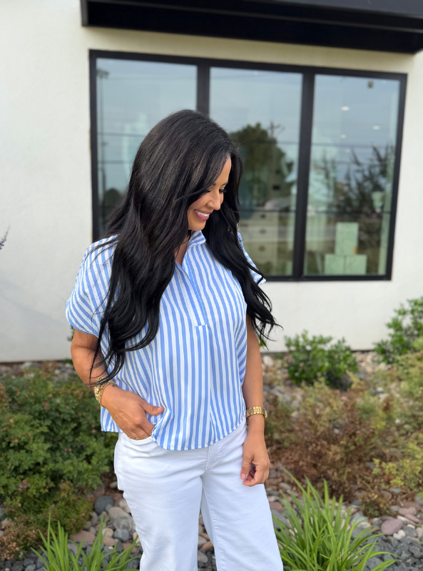 Karlie- Stripe Signature Collar Top Blue