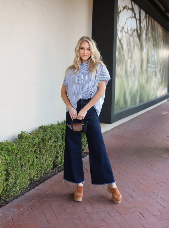 Karlie- Stripe Signature Collar Top Blue
