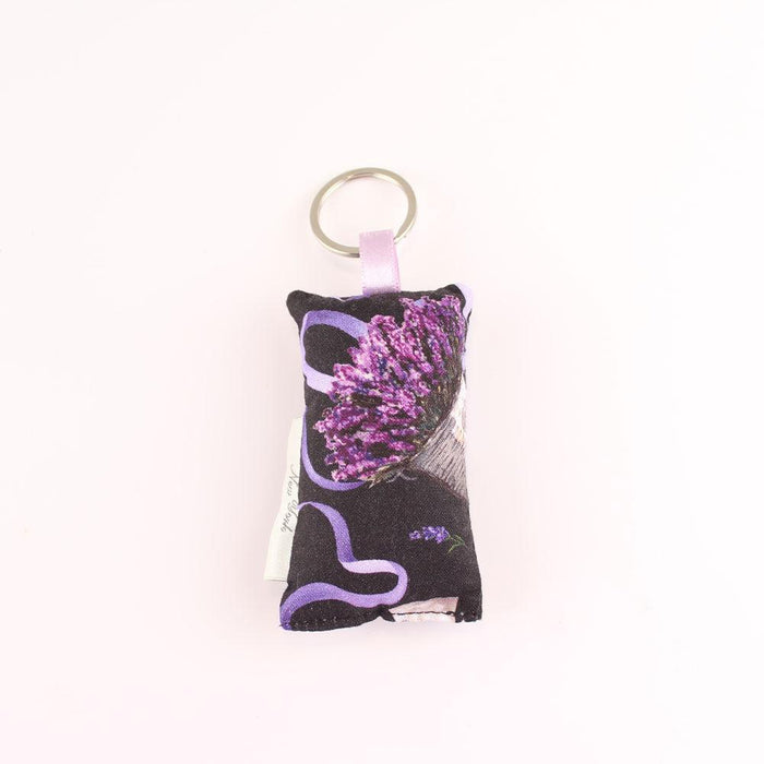 Lavender bunch in basket design featuring on the embroidered keychain on white background