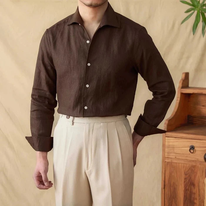 Linen elegant shirt long sleeve - AntoniosClothing - Brown