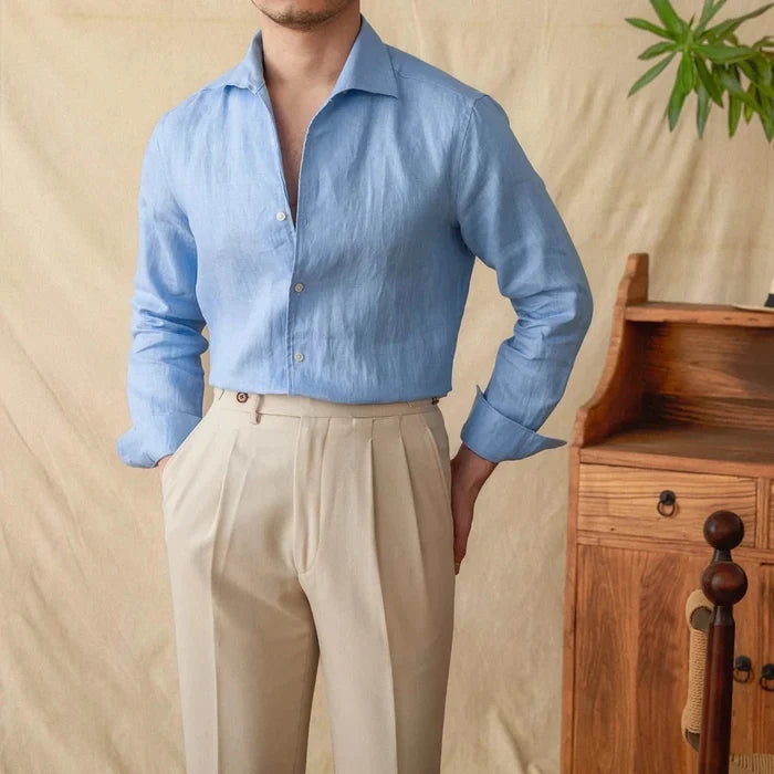 Linen elegant shirt long sleeve - AntoniosClothing - Blue