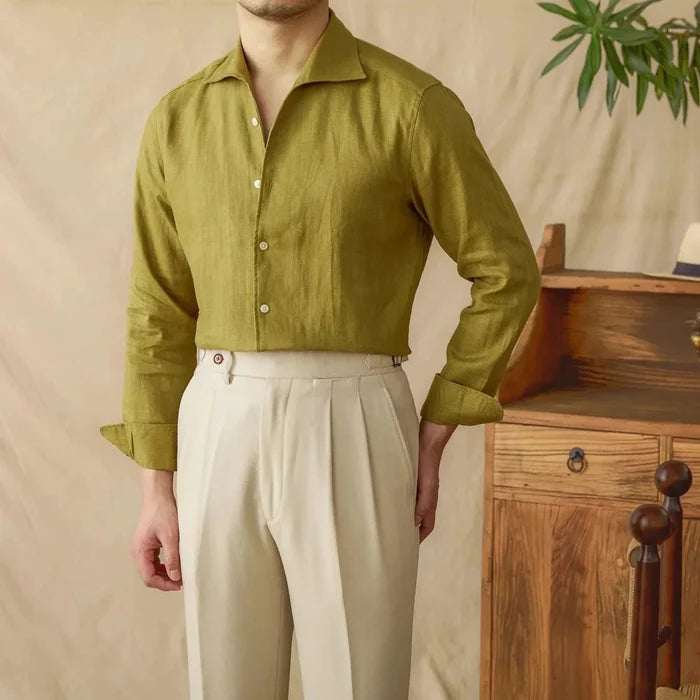 Linen elegant shirt long sleeve - AntoniosClothing - Olive green