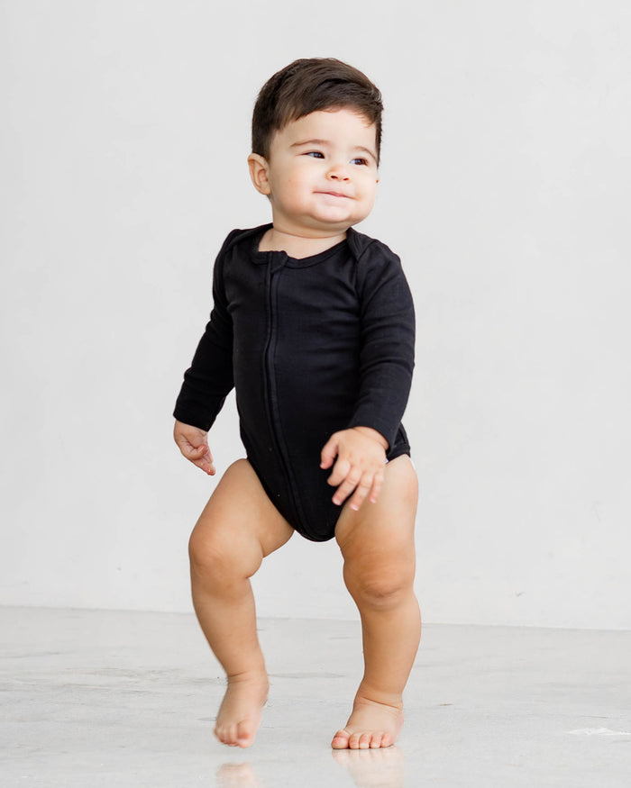 Long Sleeve Zipper Bodysuit in Eclipse, 3-6M - Dreambelles