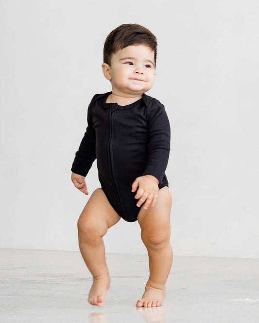 Long Sleeve Zipper Bodysuit in Eclipse, 3-6M - Dreambelles
