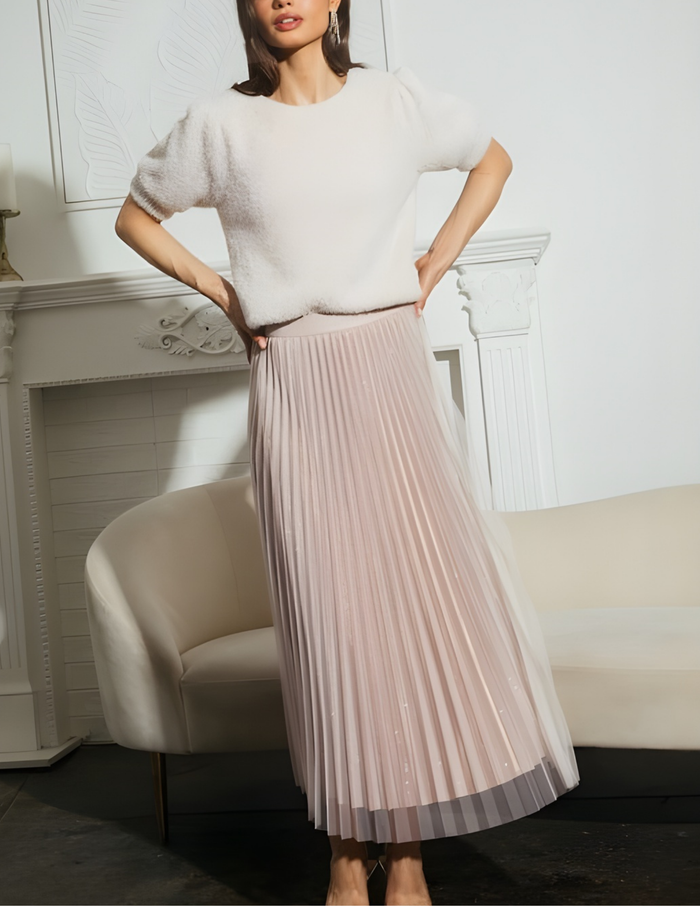 Lurex Pleated Double Mesh Midi Skirt- Blush