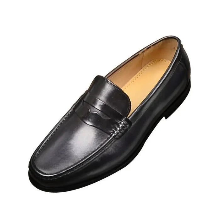 Luxury penny slip on genuine leather loafers - AntoniosClothing - Black