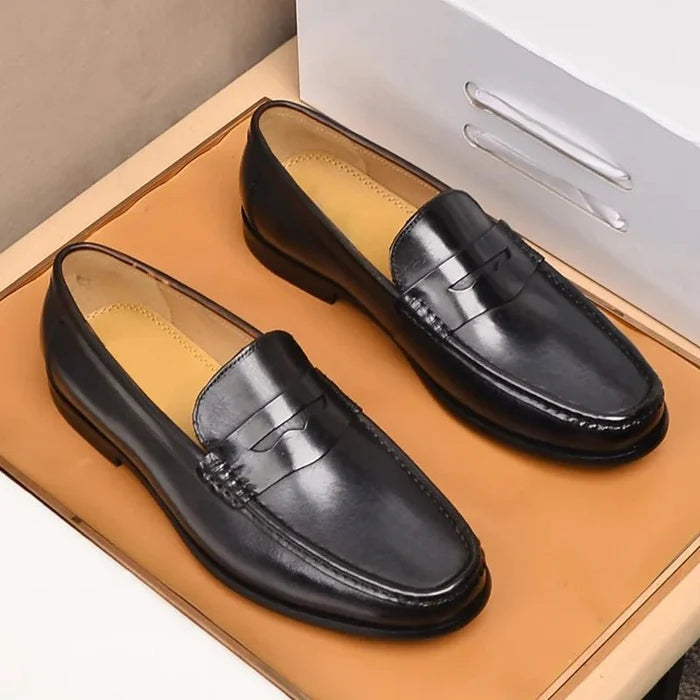 Luxury penny slip on genuine leather loafers - AntoniosClothing - Black