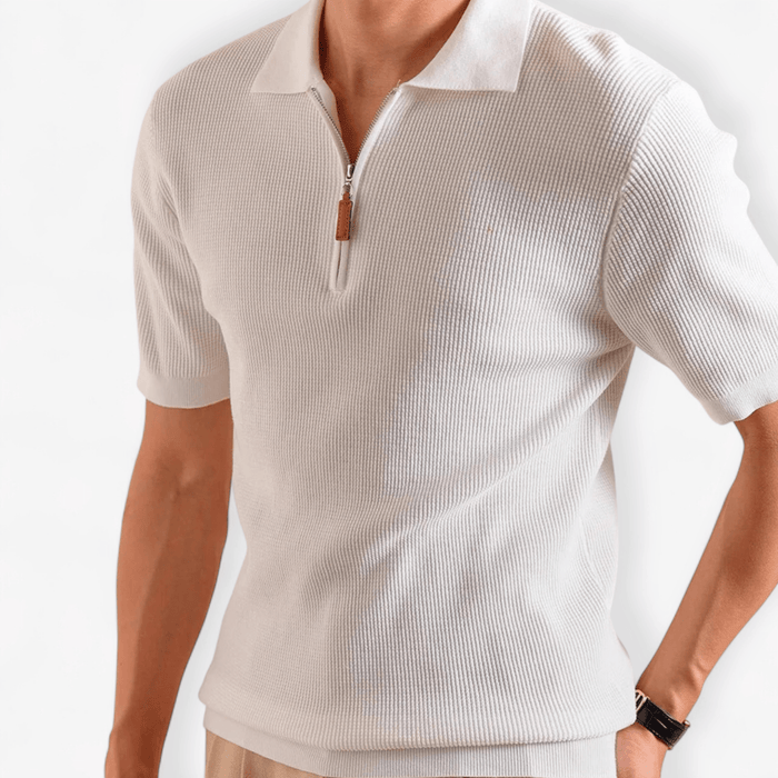 Lyocell blend knitted zippper polo t-shirt - AntoniosClothing - Pale Apricot