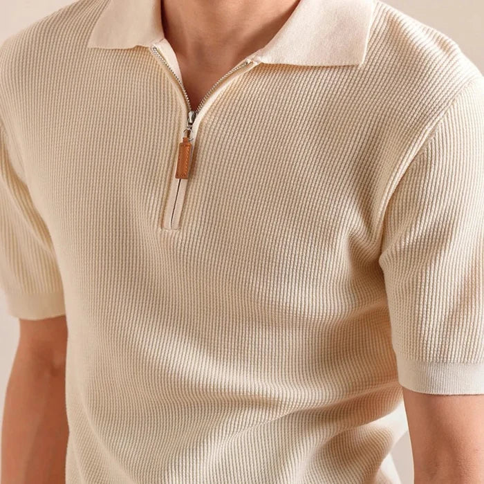 Lyocell blend knitted zippper polo t-shirt - AntoniosClothing - Pale Apricot
