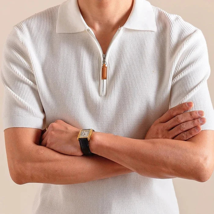 Lyocell blend knitted zippper polo t-shirt - AntoniosClothing - Pale Apricot