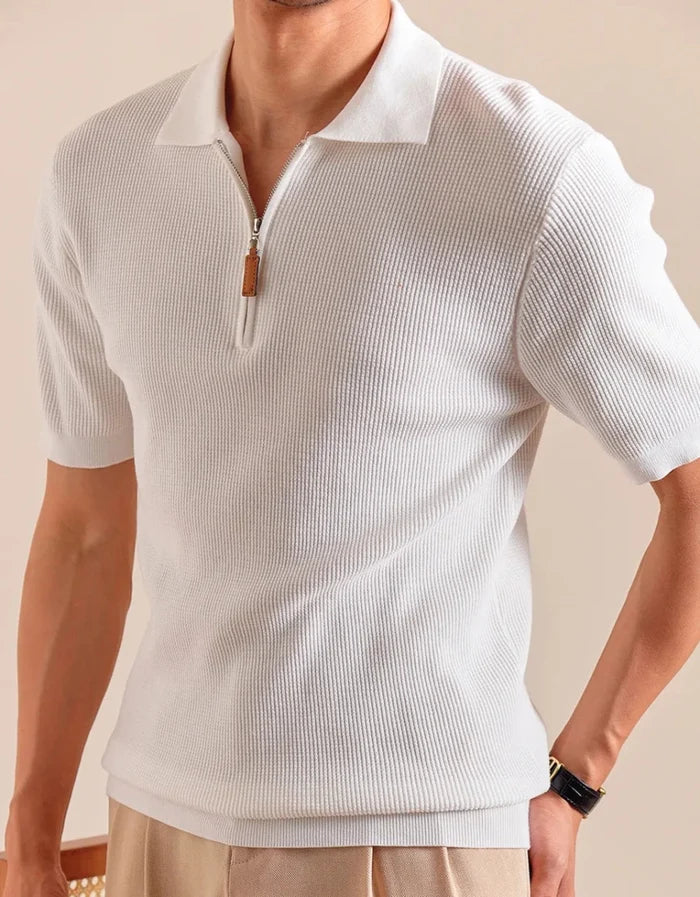 Lyocell blend knitted zippper polo t-shirt - AntoniosClothing - Pale Apricot