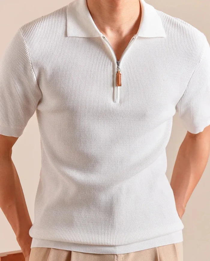 Lyocell blend knitted zippper polo t-shirt - AntoniosClothing - Pale Apricot