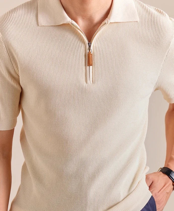 Lyocell blend knitted zippper polo t-shirt - AntoniosClothing - Pale Apricot