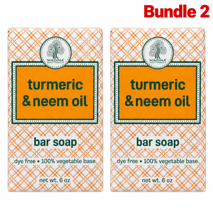 Madina Turmeric & Neem Oil Soap 6oz, cleansing bar enriched with turmeric and neem oil, designed to gently remove impurities while leaving skin feeling clean, soft, smooth, refreshed, and radiant-looking.