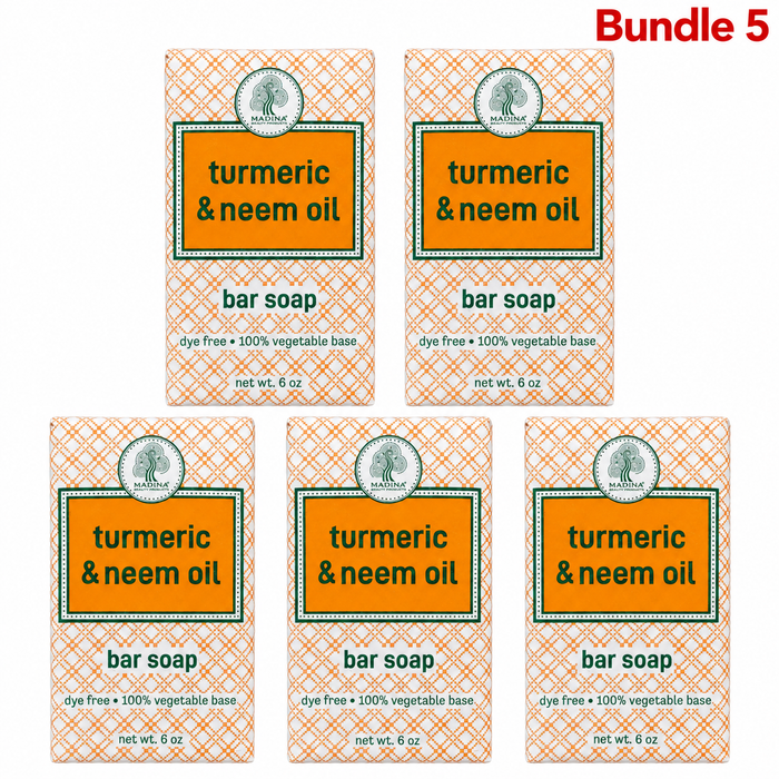 Madina Turmeric & Neem Oil Soap 6oz, cleansing bar enriched with turmeric and neem oil, designed to gently remove impurities while leaving skin feeling clean, soft, smooth, refreshed, and radiant-looking.