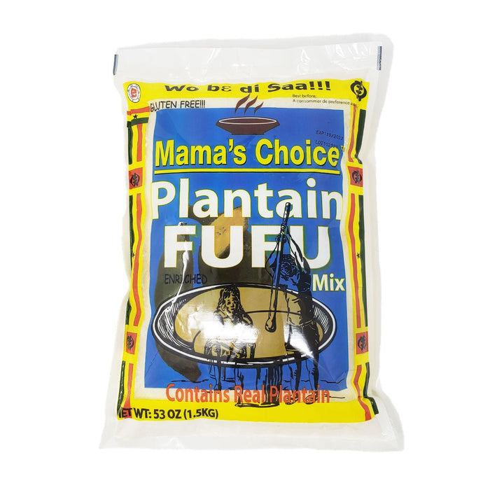Mama's Choice Plantain Fufu Mix, gluten-free blend made with plantain and cassava, perfect for preparing smooth, authentic African fufu to serve with soups and stews.