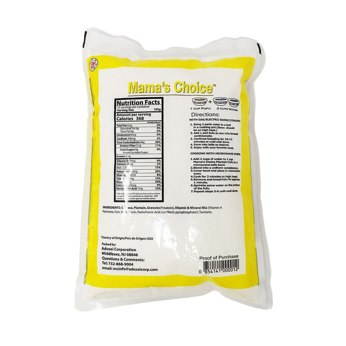 Mama's Choice Plantain Fufu Mix, gluten-free blend made with plantain and cassava, perfect for preparing smooth, authentic African fufu to serve with soups and stews.