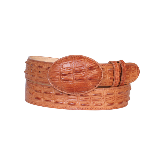 Brown belt with alligator tail print finish, this belt offers the rugged look of exotic leather