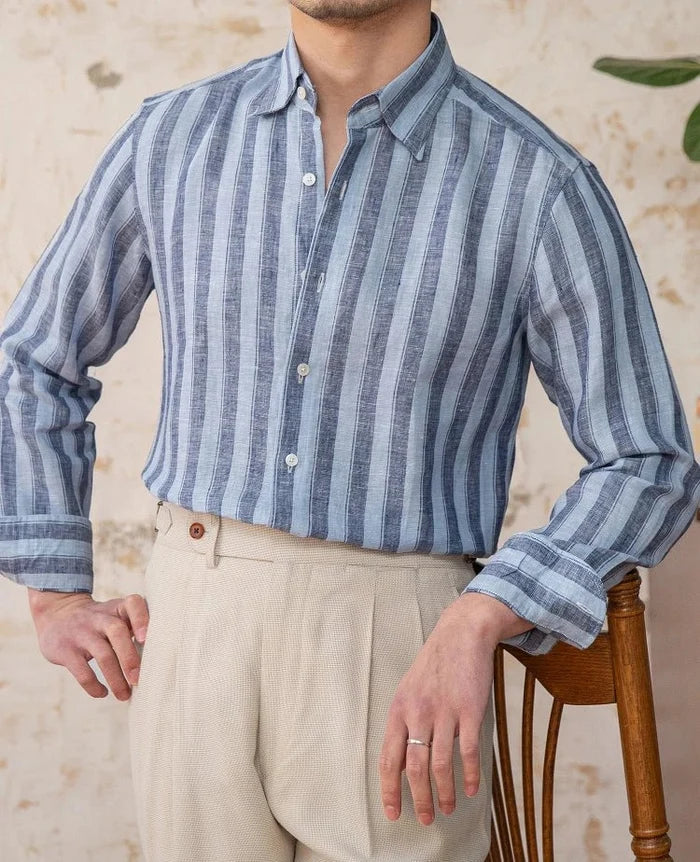 Summer thin linen strip casual shirt - AntoniosClothing - Blue