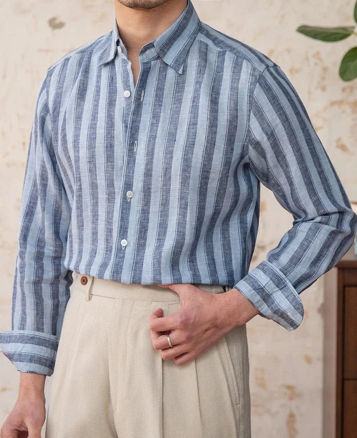 Summer thin linen strip casual shirt - AntoniosClothing - Blue