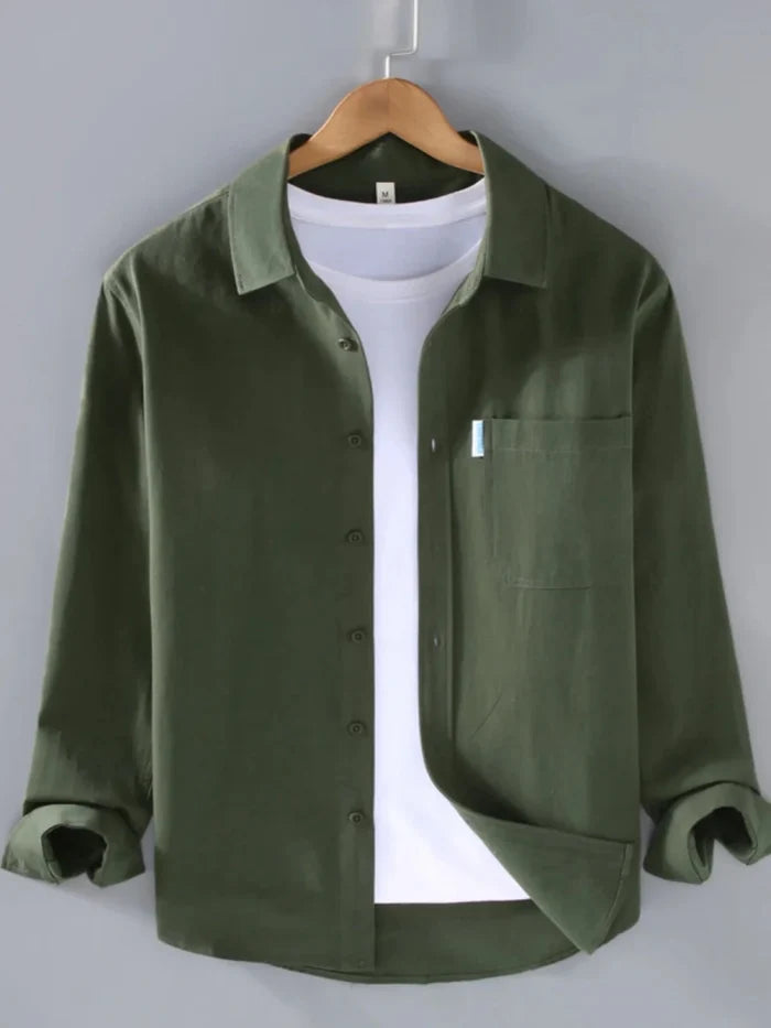 Spring solid color long sleeve loose fit lapel button-up - AntoniosClothing - Dark green