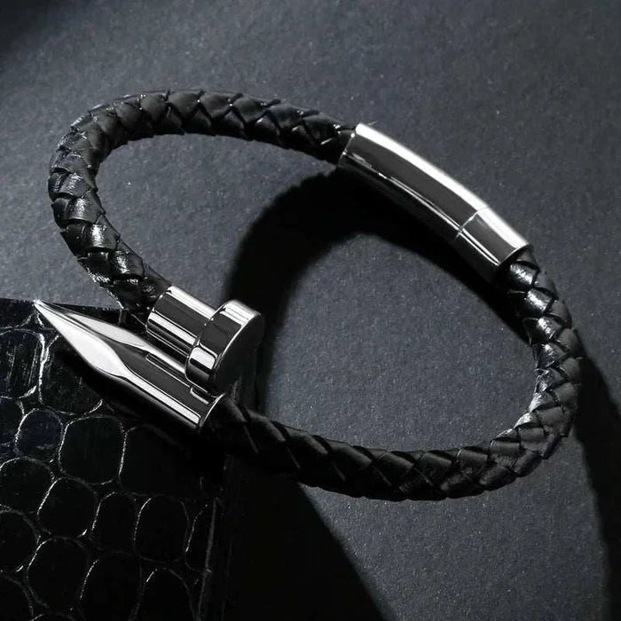 Nail leather men bracelet - AntoniosClothing - Brown design 1