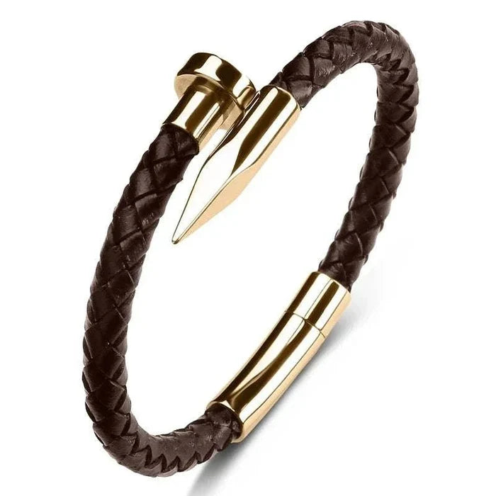 Nail leather men bracelet - AntoniosClothing - Brown design 1