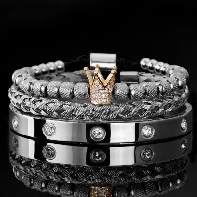 Antonios Royal Stainless Steel Bracelet Men - AntoniosClothing - Silver Gold Crown 1