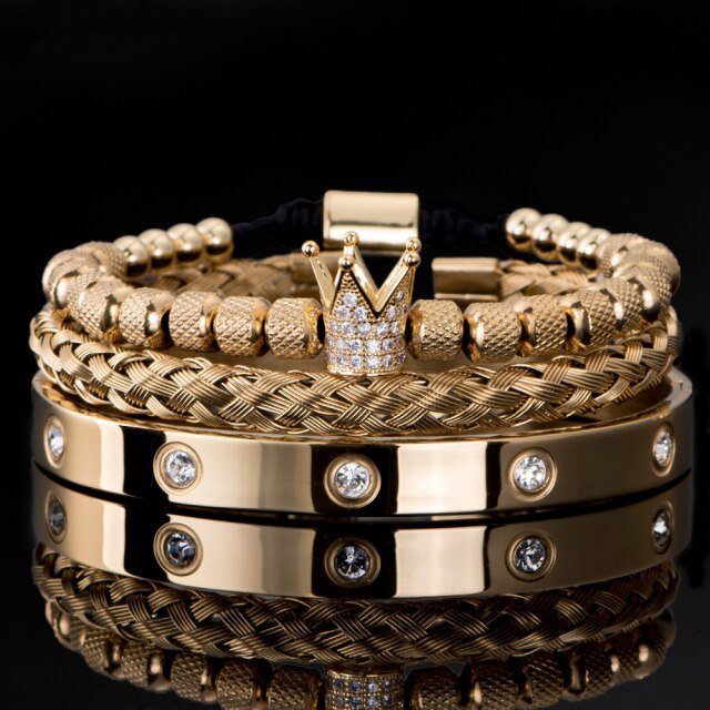 Antonios Royal Stainless Steel Bracelet Men - AntoniosClothing - Gold Set Crystals