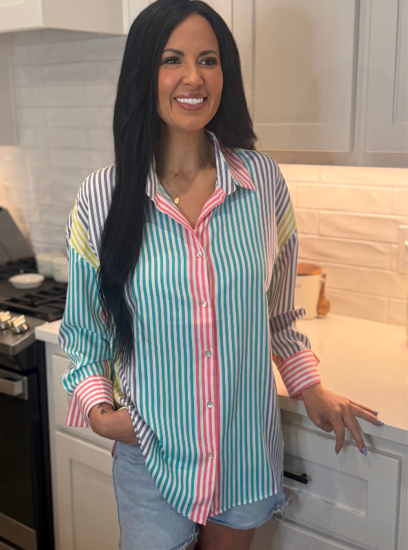 Multi Striped Button Up Color Block Shirt