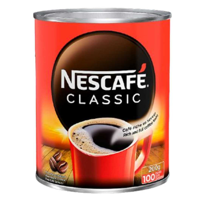 Nescafé Classic Instant Coffee 200g in a branded glass jar, rich instant coffee made from carefully selected coffee beans for a smooth, full-bodied flavor.