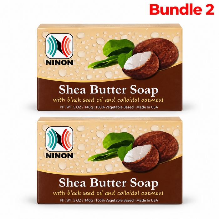 Ninon Shea Butter Soap 5 oz in branded packaging, gentle moisturizing cleansing bar enriched with shea butter to cleanse, nourish, and soften the skin while leaving it feeling smooth and refreshed.